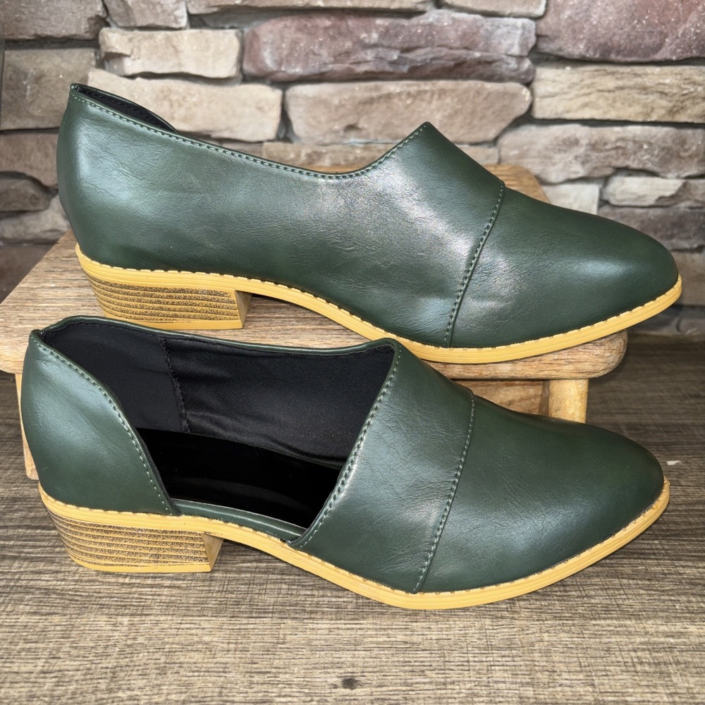 Women Green Open Side Almond Toe Block Heel Slip On Casual faux Leather Shoes 43